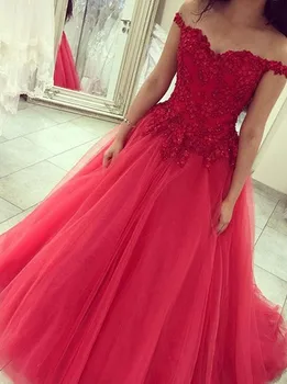 

Red Off the Shoulder Tulle Ball Gown Wedding Dress Lace Appliques Princess Non White Bridal Gowns With Color New