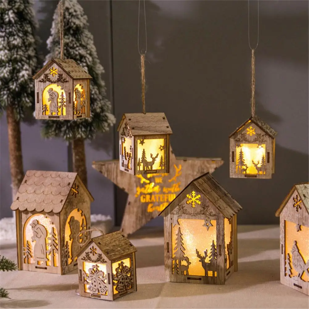 

Creative Wooden Mini LED Light House Christmas Tree Hanging Pendants Christmas Navidad Xmas Tree Door Hanging Drops Party Supply