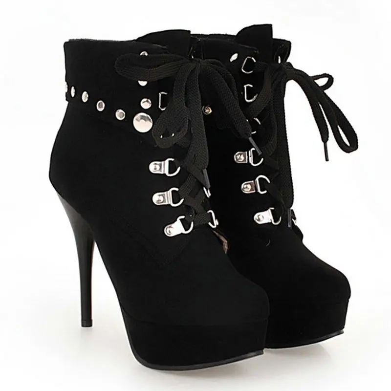 

B2-7 Size 33-46 Woman Cool Lace-up Ankle Boots Women Winter Platform Shoes Ladies Party Winter Shoe Female High Heels Shoe