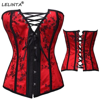 

LELINTA Ladies Red Floral Lace Up Overbust Corset Cincher Bustier Sexy Lingerie Waist Trainer Steampunk Clothing Top Corselet