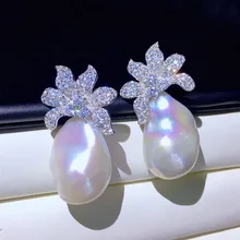 Барокко натуральный пресной воды жемчужные серьги-гвоздики Большой жемчуг 925 серебро с кубическим Цирконом цветок Модные женские ювелирные изделия