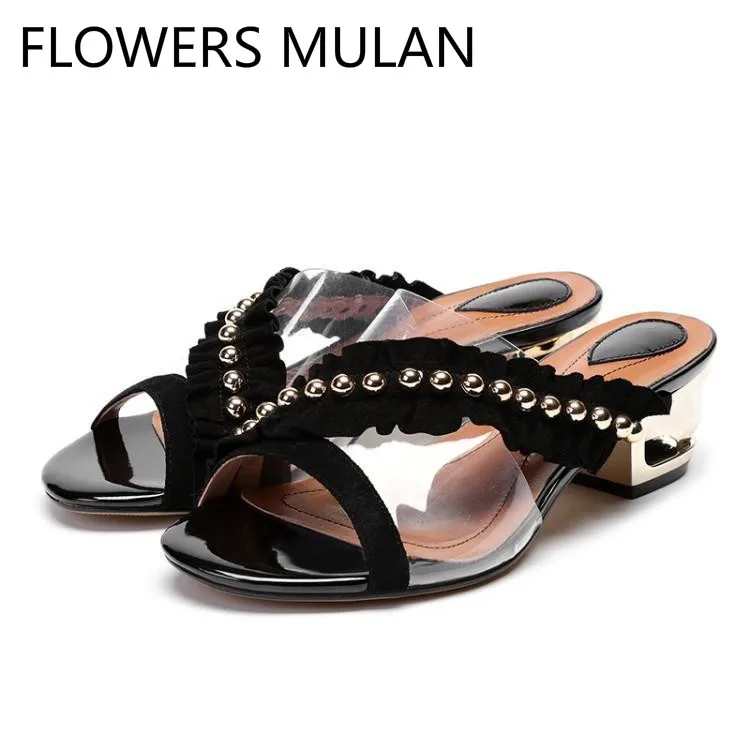 

Designer Patchwork Black Blue Suede Transparent PVC Ruffles Upper Women Slipper Peep Toe Slip On Mules Strange Heels Shoes Woman