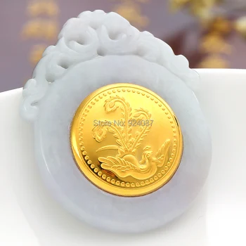 

Genuine jade phoenix brand pendant natural a jade inlaid gold red phoenix in morning sun Feng Pendant with certificate