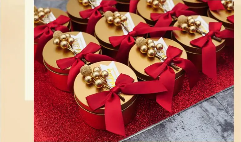Золотая красная круглая консервная банка свадебные сувенирные коробки с большим бантом, 7,5 см* 4,5 см, BY19011201