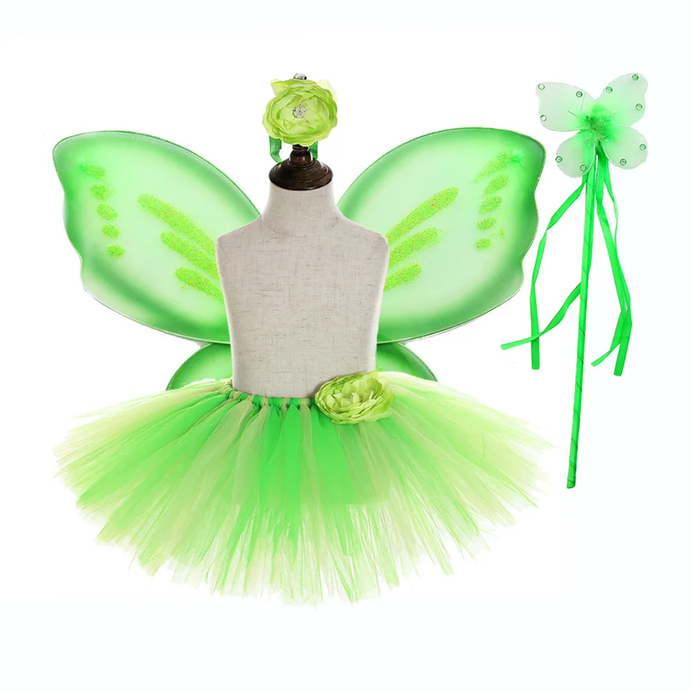 

Fluffy Green Baby Girls Birthday Party Skirt Hair Hoop Set Kids Skirt with Fairy Stick Wing Knee Length Dance Girls Tulle Skirt
