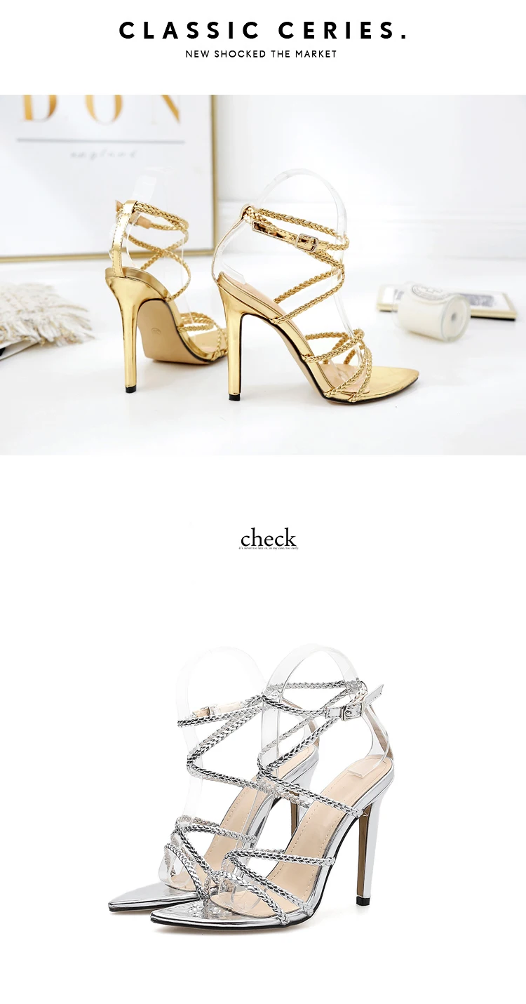 Женская обувь; пикантные золотые серебряные сандалии; женские сандалии; новые летние туфли с острым носком; muoth; кольцо с перекрестным плетением; свадебные туфли на высоком тонком каблуке