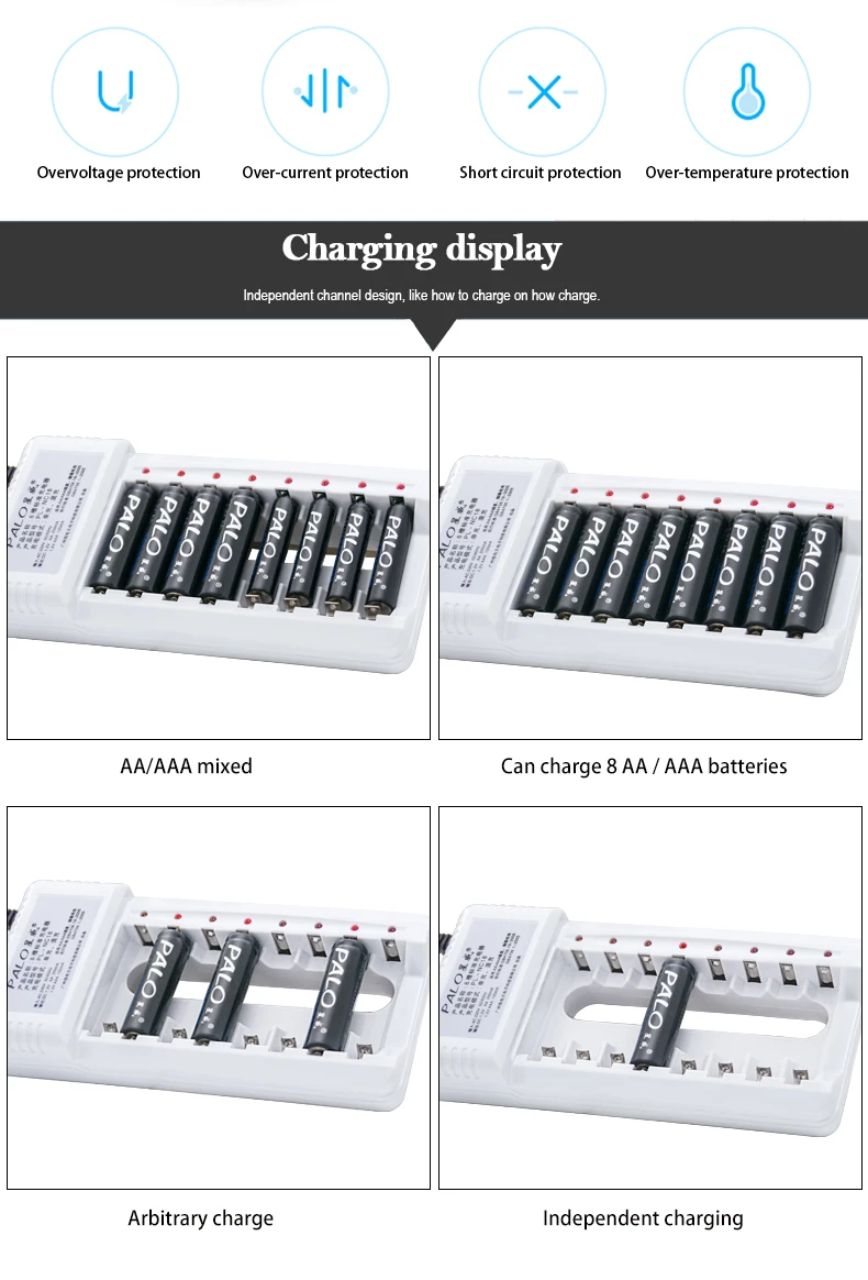 PALO умное зарядное устройство для 1-8 шт. Ni-MH NI-CD AAA AA аккумуляторные батареи с светодиодный светильник для аккумуляторной батареи