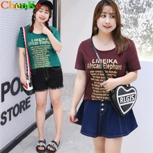 ChenKe Fat MM женские Топы Плюс Размер Хлопковая футболка модные горячие штампы букв печати короткий рукав Повседневная открытая футболка Femme