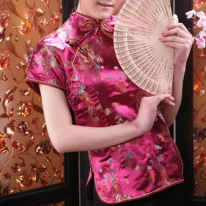 Ретро китайские женские Cheongsam топы дракон феникс вышитые рубашка Ципао традиционные с короткими рукавами кофточка Ципао размер S-3XL - Цвет: Rose red 6146