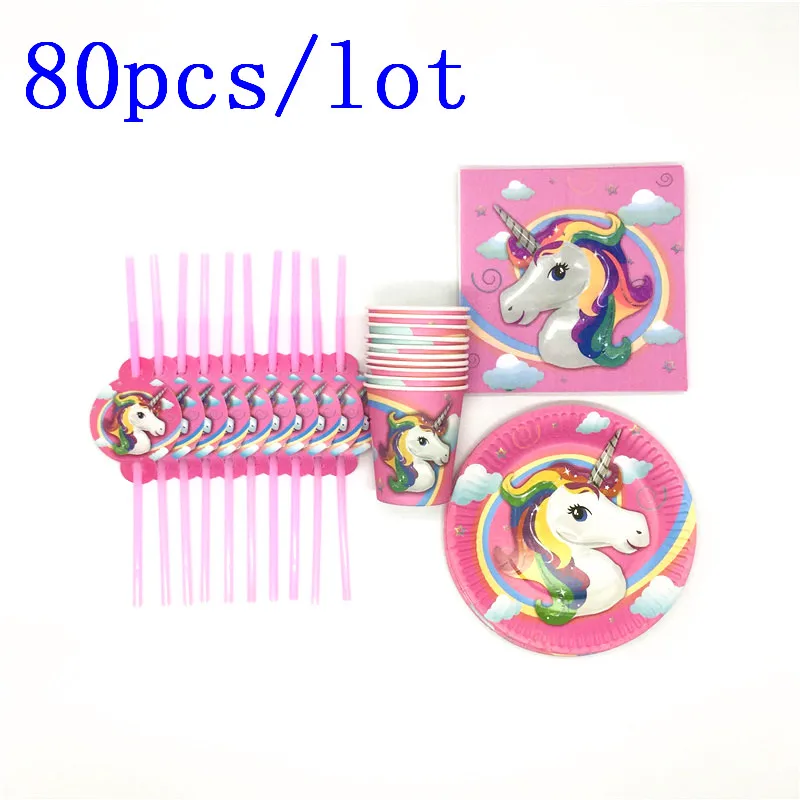 

80Pcs/Lot Pink Unicorn Theme Design Disposable Tableware Sets Girls Birthday Party Wedding Decoration Family Party Supplies