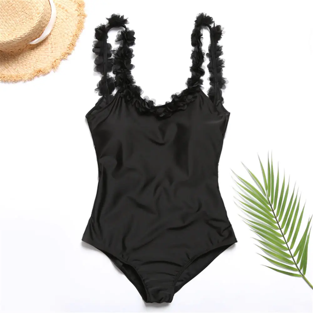 

Handmade Lace Floral One Piece Swimsuit Women Solid Swimwear Open Back Monokini Push Up Bathing Suits Strap Trikini Black Beach