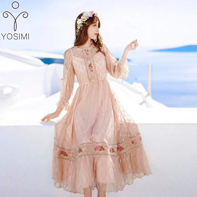 YOSIMI 2019 летнее кружевное длинное платье Женское Платье макси с цветочной вышивкой