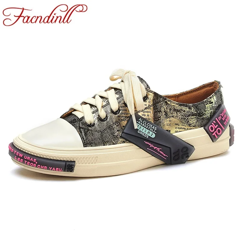 

FACNDINLL 2019 new arrives autumn women flats shoes genuine leather round toe shoes woman flat heel lace up casual shoes woman