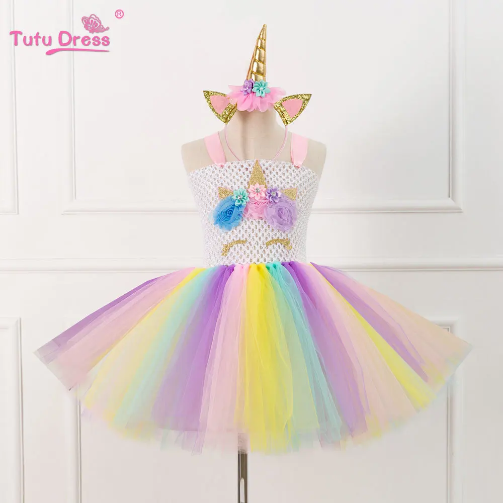 

Tutu dress little girl with unicorn with flowers for birthday, evening dress, children's costumes for Halloween and Christmas