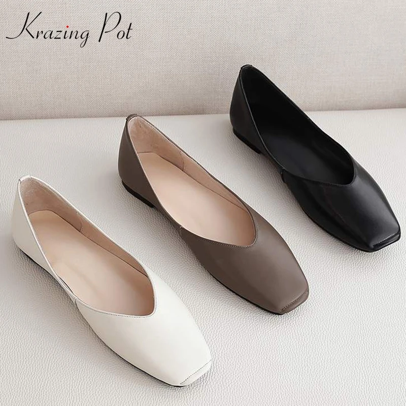 

Krazing Pot 2019 full grain leather shallow summer square toe concise style slip on easy convenient soft ballet dancer flats L45