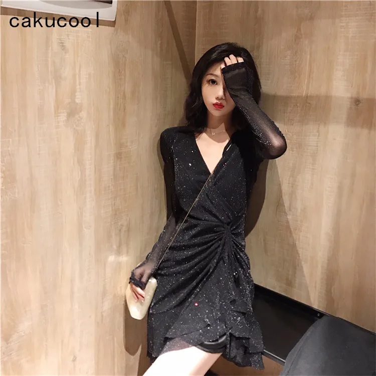 

Cakucool women hot sale spring mini dress long sleeve Trumpet solid sexy dress slim dress sheath Bling Elegant dress Vestidos
