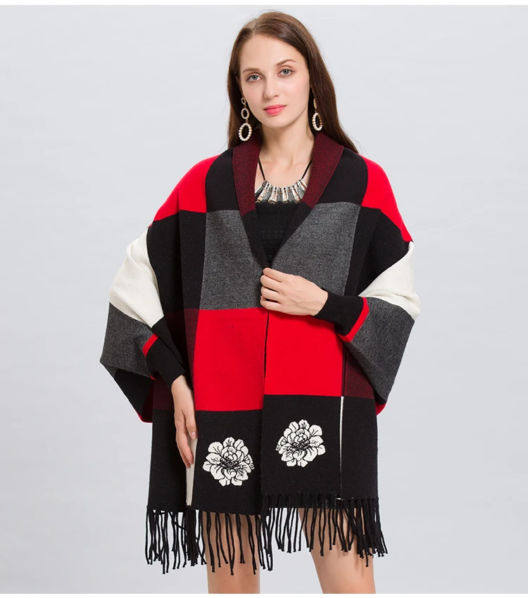 Осень-зима Для женщин свитер, кардиган, большого размера; вязаный кардиган клетчатая накидка шлейф пончо Femme Hiver пальто