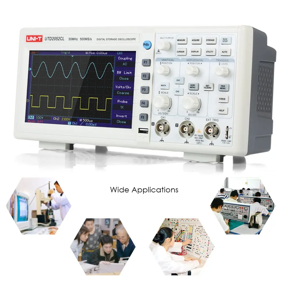

UTD2052CL Oscilloscope Digital Storage Oscilloscopes 2CH 50MHz 500MS/s Oscillometer 7 Inches TFT Display 28 Waveform Parameters