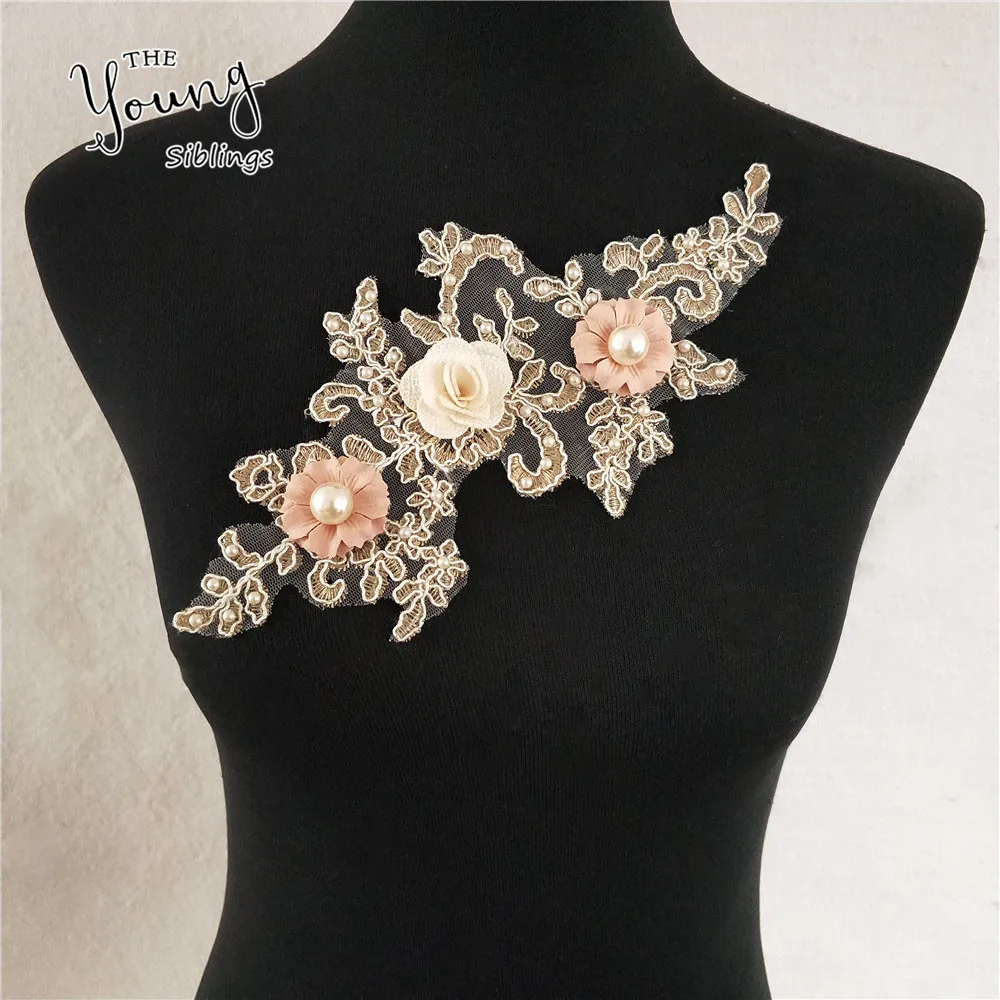 

ABS pearl with Floral Patch Motif Embroidery Fabric Applique trim Bridal Wedding dress Lace Collar Applications Sewing Crafts