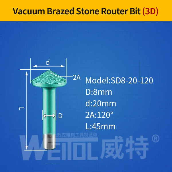 WeiTol 1 шт. 3D резьба биты вакуумной пайки камень режущие биты шариковый Нос фрезы 3D V паз Гравировка Биты для гранита - Длина режущей кромки: SD8-20-120