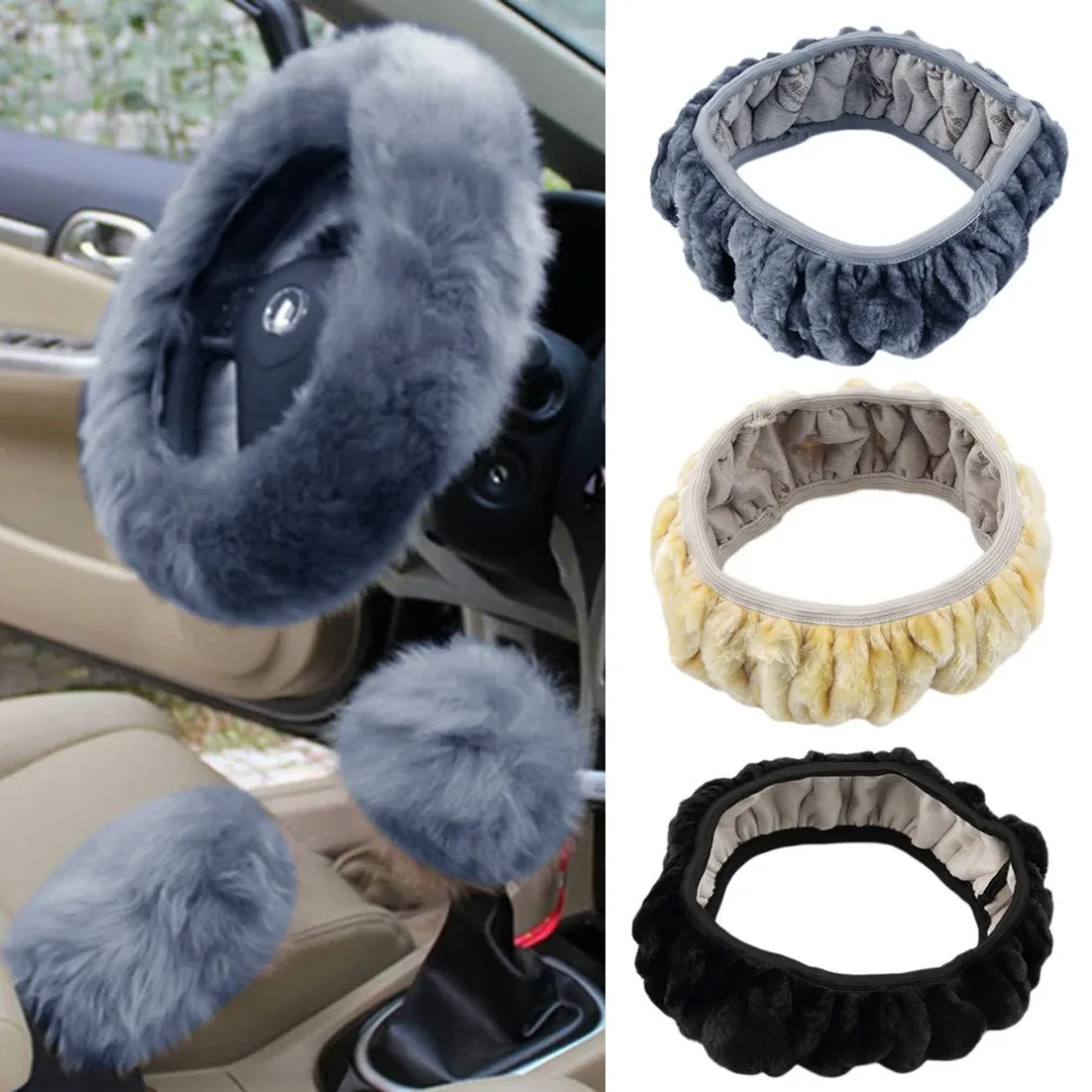 

New3 pcs/set Charm Warm Long Wool Plush car Steering Wheel Cover woolen Car Handbrake Accessory hot selling