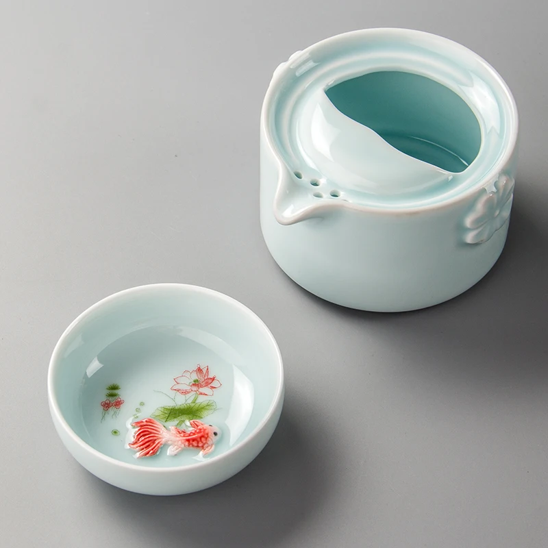 Celadon Teapot Travel Teacup Ceramic Fish Cup Kettle Ceramic Portable Travel Tea Set Friend Gifts 1 Gaiwan 1 Cup porcelain D038 Celadon Teapot Travel Teacup Ceramic Fish Cup Kettle Ceramic Portable Travel Tea Set Friend Gifts 1 Gaiwan 1 Cup porcelain D038