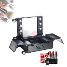 Популярный розовый алюминиевый чехол для макияжа с подсветкой, косметический чехол на колесиках