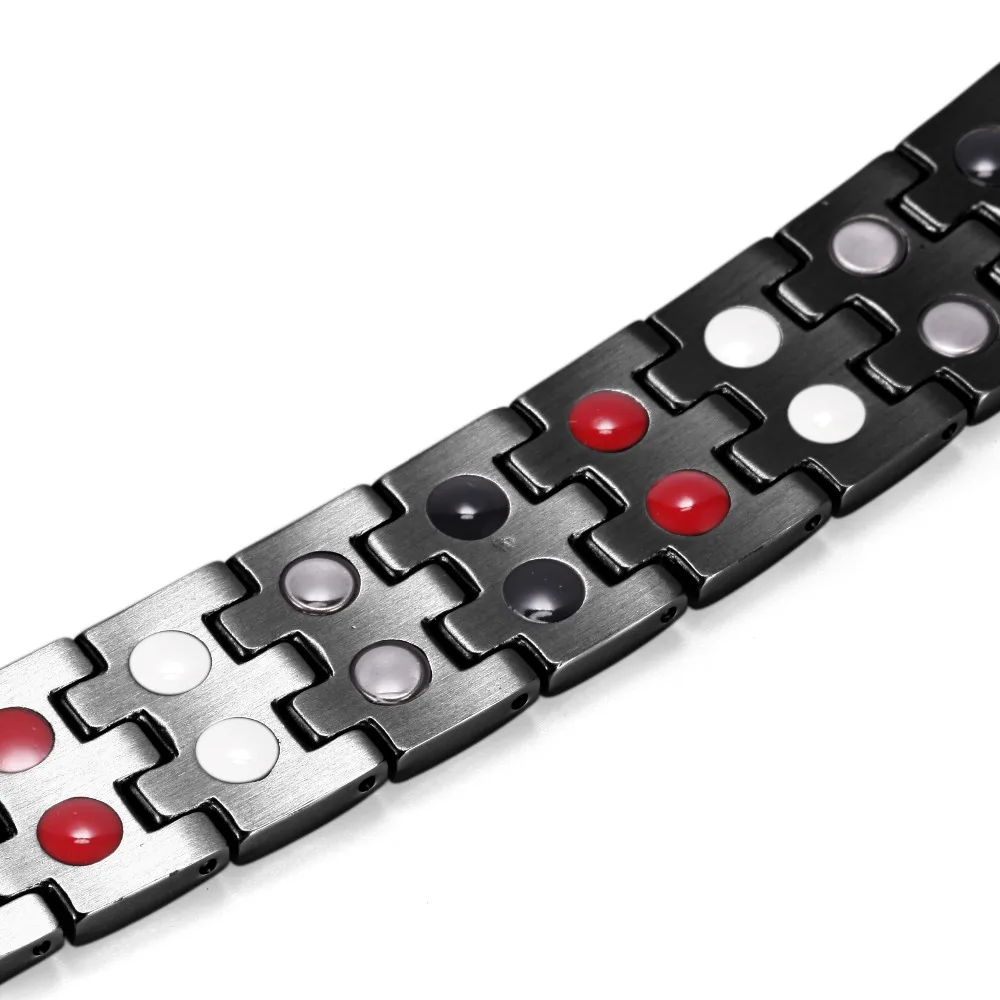 Rainso Stainless Steel Bracelet For Men Double Row 4 Elements Energy Power Magnetic Bracelet Black Polished