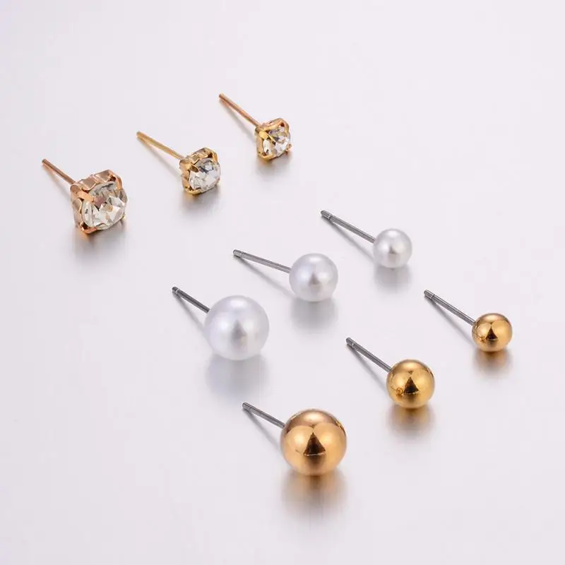 New Arrival 9 Pair Ear Stud Rhinestone Alloy Round Ball Gold Color Earrings Silver Simulated Pearl Earring Set | Украшения и