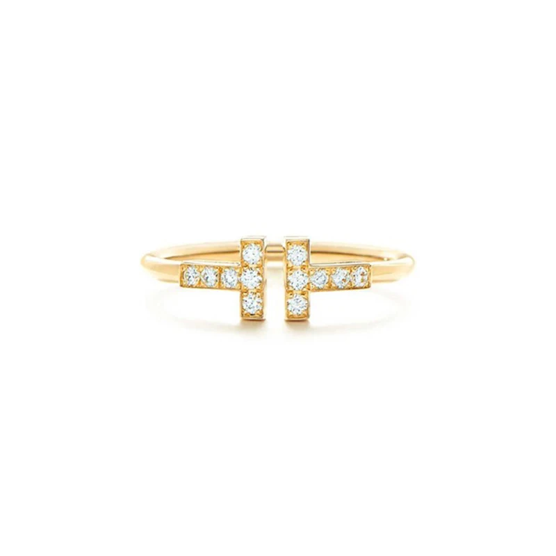 

DERMSPE TIFF EDELL 925 Silver New Simple Fashion T-shaped Personality Zircon Ring Gold Open Coil Ring with Wedding Ring