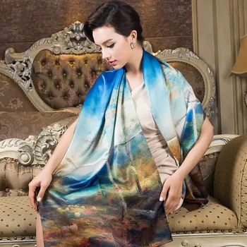 

2015 Blue Mulberry Silk Long Silk Scarf Shawl Printed Female Spring Autumn Silk Scarves All-match Top Grade Winter Long Scarf