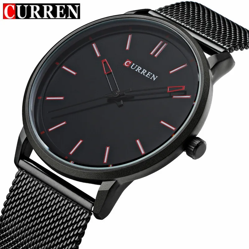 Kopen Top Fashion Zwart Horloge CURREN Merk Horloges Mannen Roestvrij Stalen Mesh Band Quartz Horloge Dunne Dial Wrist Klok relogio masculino