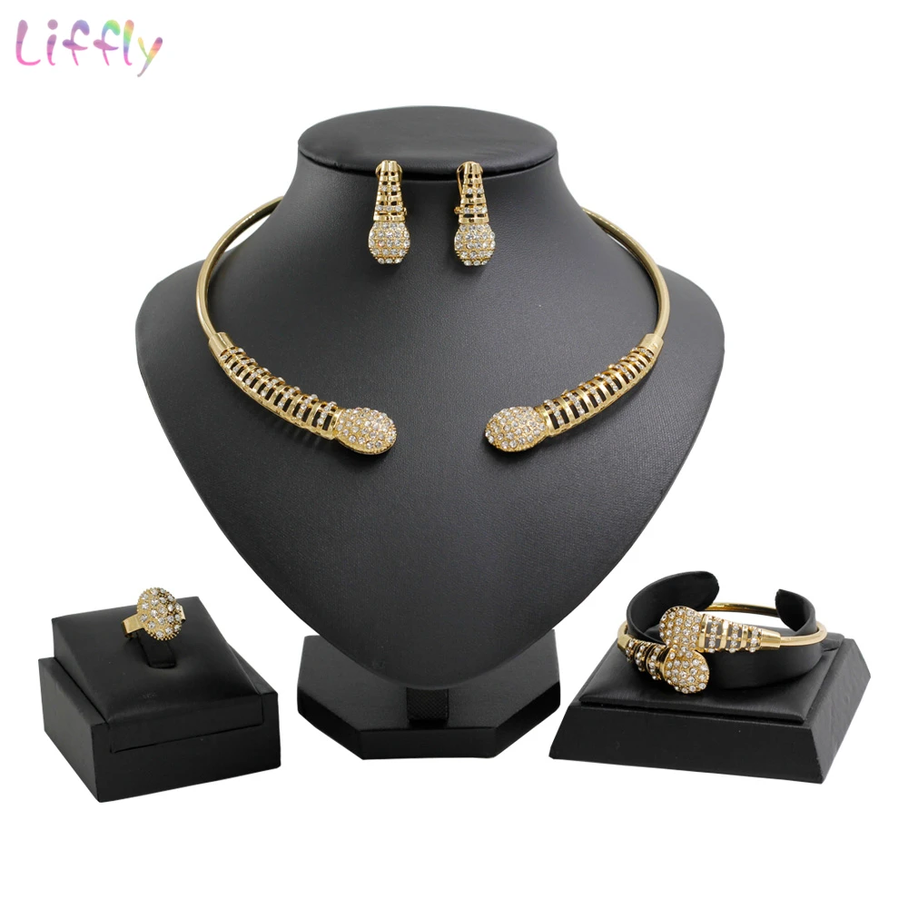 

Fashion Jewelry Sets Crystal Necklace Gold Earring for Women Wedding Party Charm Bracelet Ring Hot Sale Jewelry Set