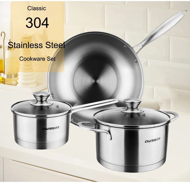 6 Piece Classic 304 Stainless Steel Cookware Set,32cm woks,16cm milk