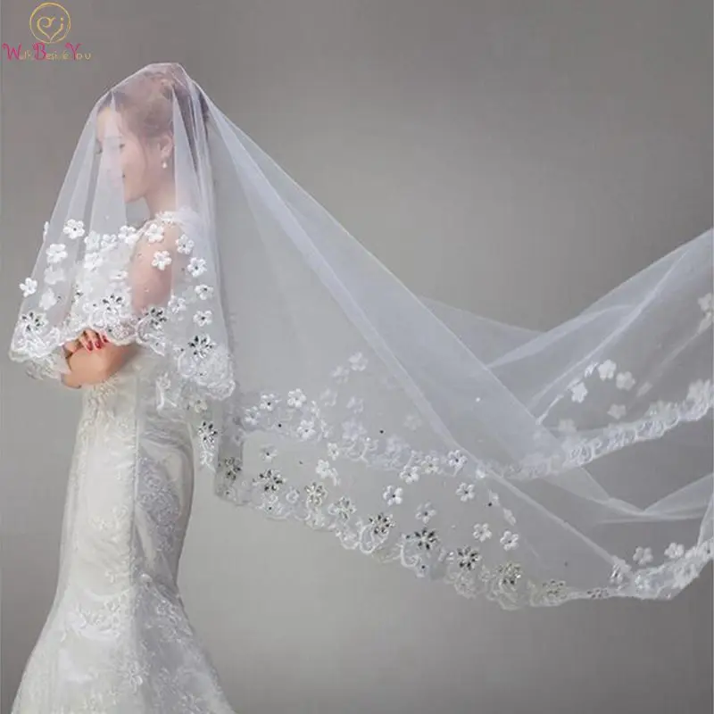

Elegant White/Ivory 3M Cathedral Veil Appliques Lace Crystal Edge Bridal Veil Long Wedding Accessories Women velos de novia 2019