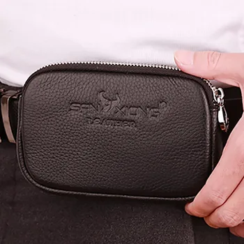 

Cowhide Genuine Leather Men Small Fanny Waist Pack Mobile Phone Case Cover Skin Belt Hip Purse Male Hook Mini Cell Phone Bag New