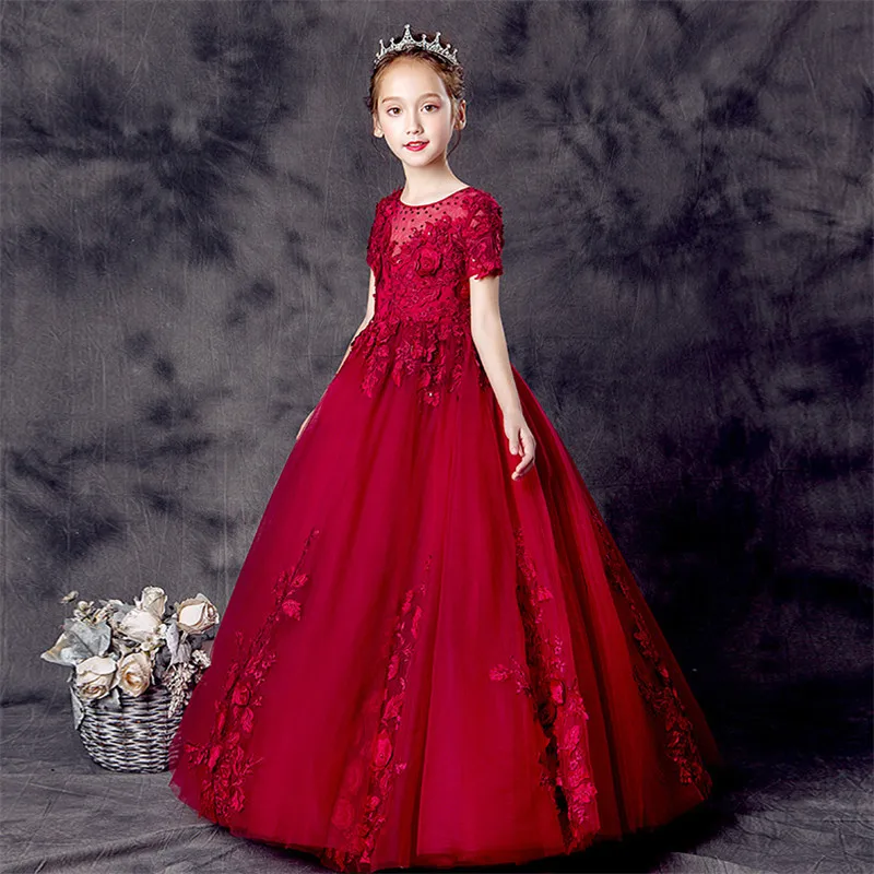 Г. Летнее роскошное детское элегантное кружевное платье принцессы винно-красного цвета на день рождения, свадьбу, вечеринку детское платье-костюм рояля
