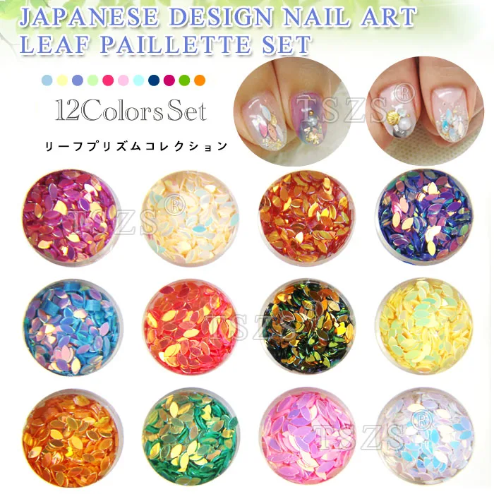 

1set /lot 12 Color japanese design nail glitter spangles nail art leaf horse eye sequins set