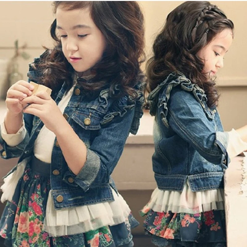 

2019 spring and autumn new Korean girls denim jacket girls lace side long sleeve shirt children's clothing cardigan braid
