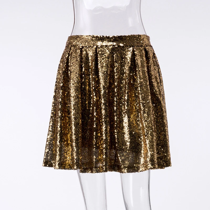 CWLSP, расшитая блестками Золотая Женская Мини плиссированная юбка, шикарные свободные юбки, Сексуальные клубные короткие женские юбки, женские юбки QZ2547 - Цвет: Золотой