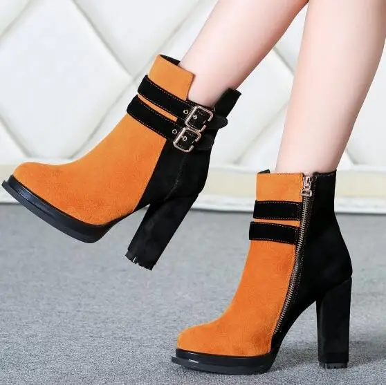 Women Spring Autumn Winter Genuine Leather Flock Thick High Heel Buckle Side Zipper Fashion Ankle Boots Plus Size 34-45 SXQ1006