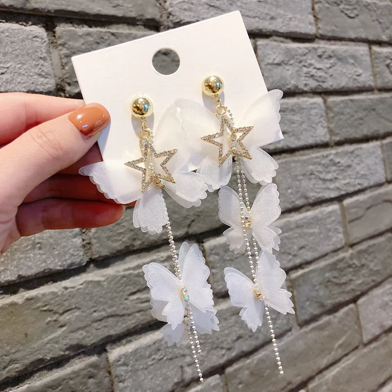 Korean New Luxurious Butterfly Rhinestone Dangle Earring Fashion Star Heart Long Tassel Earring for Women Party Jewelry