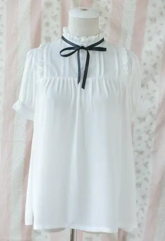 De Beige Volantes negro Alto Manga Cuello Para Chifón Blusa negra Corta Blanca Con Harajuku Mujer BqOBvEfx