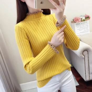 

Ruffled Collar Autumn Winter Women Pullovers Sweater Knitted Elasticity Casual Jumper Fashion Slim Winter Warm Female Sweaters