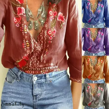 

Summer Women Oversized Casual Tops Blouse Lady Long Sleeve V Neck Floral Polyester Top