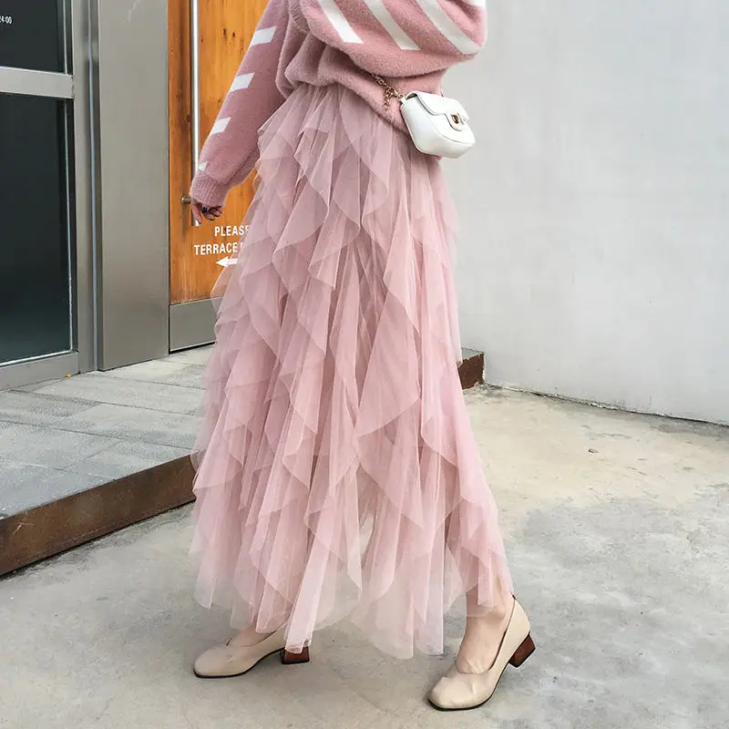 Милая плиссированная Асимметричная Макси Длинная фатиновая юбка Феи трапециевидной формы, плиссированная многослойная юбка с оборками, длинная юбка-пачка в сеточку для взрослых - Цвет: pink skirt
