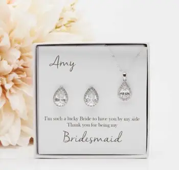 

personalize silver NAME TEXT wedding Bridesmaid teardrop CZ Earrings necklace sets Jewelry Sets maid of honor proposal gifts