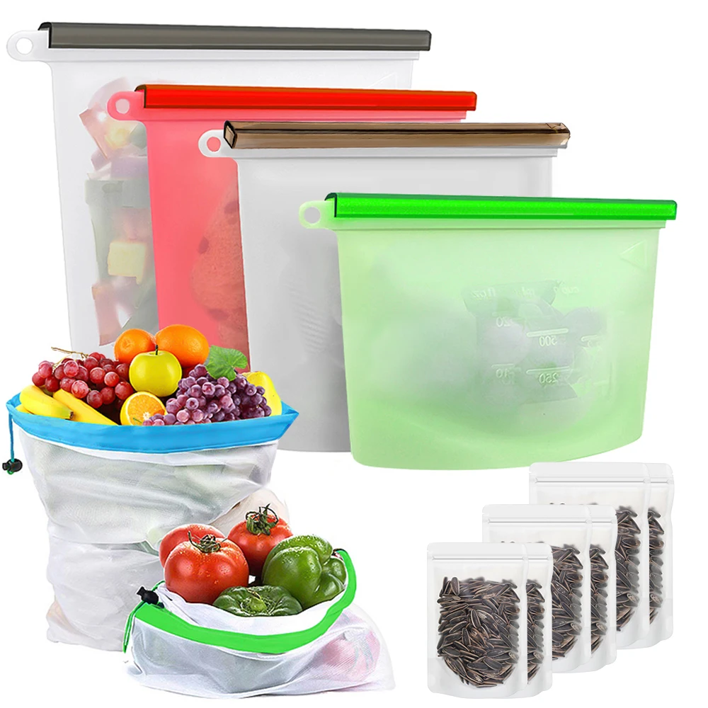 14 шт многоразовые силиконовые пакеты для хранения еды Drawstring Mesh производят сумки прозрачные стоячие набор пакетов органайзеры для холодильника - Цвет: 14PCS