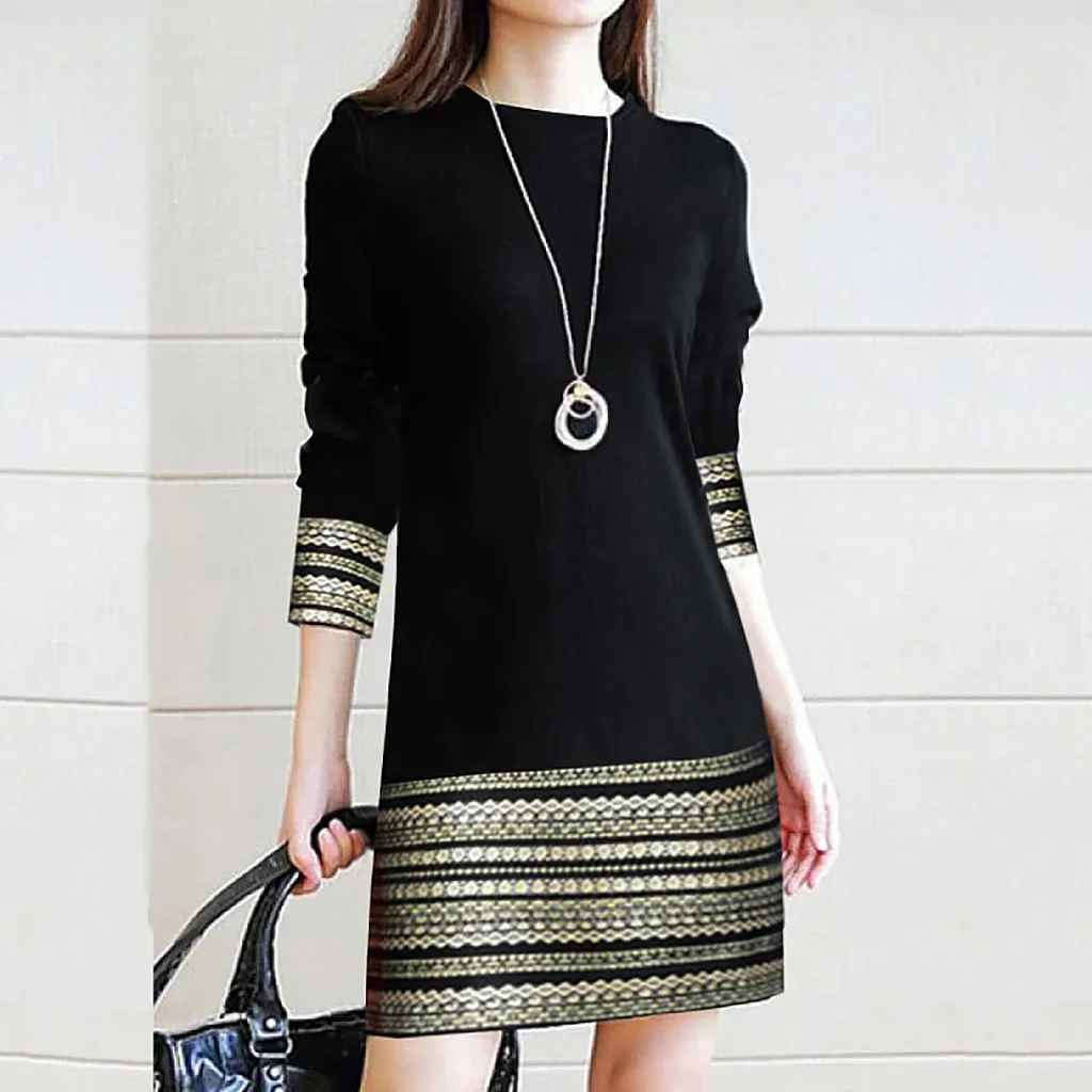 

Women Vintage Off Shoudle Elegant Splice Casual Dress