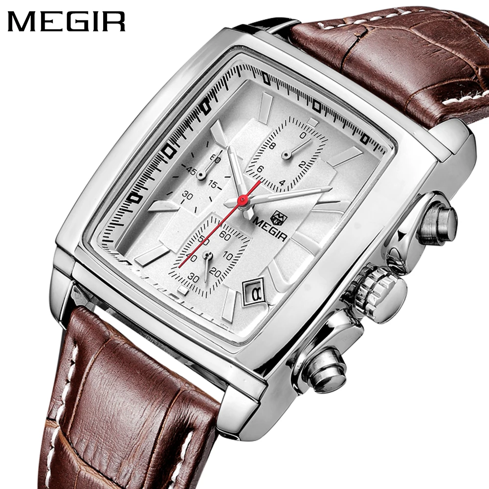 Vente Megir horloge rectangle hommes de Quartz montre de luxe marque hommes d affaires sport poignet montres chronographe étanche silve Horloge hommes